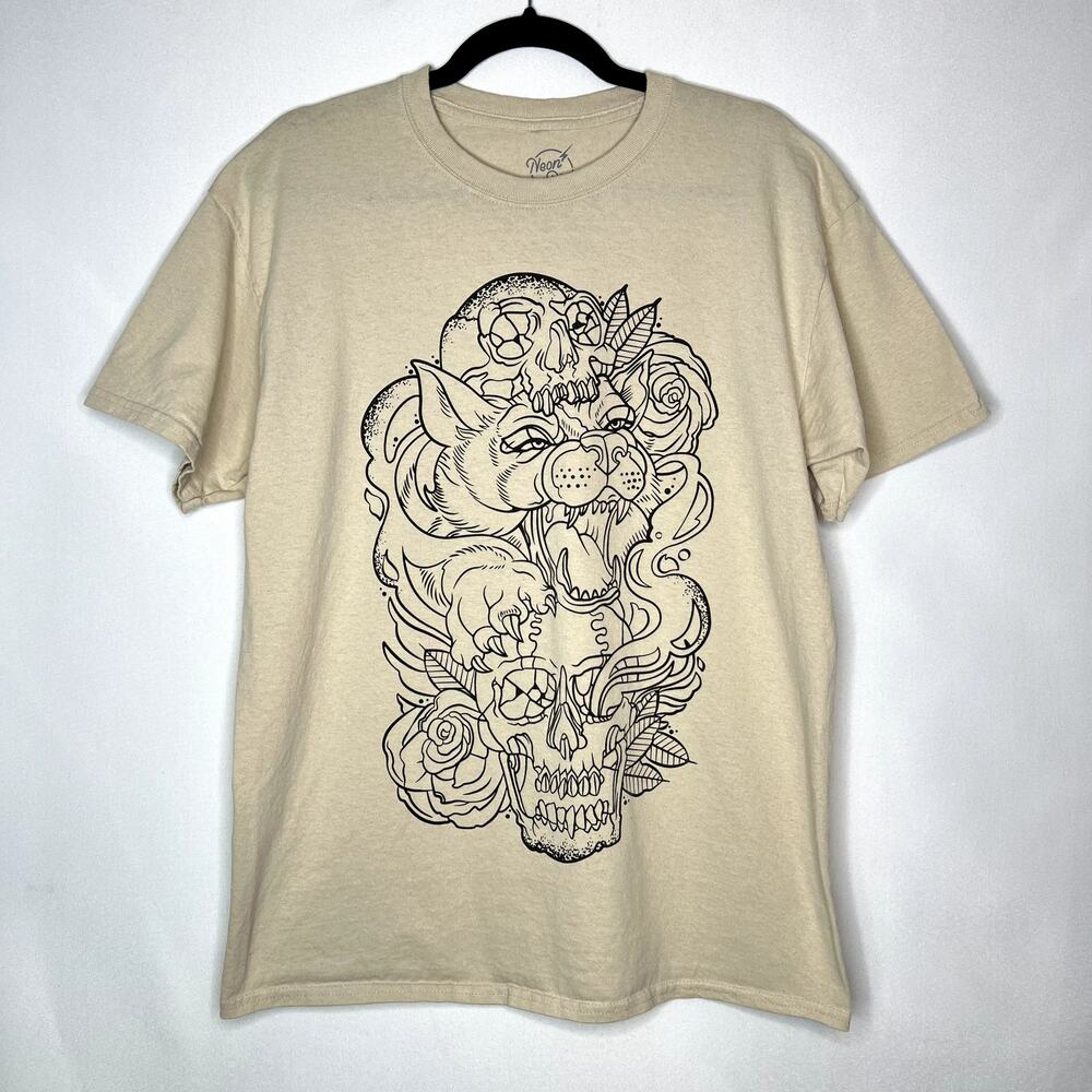 NEON RIOT SKULL LION GRAPHIC TEE T-SHIRT SIZE LARGE